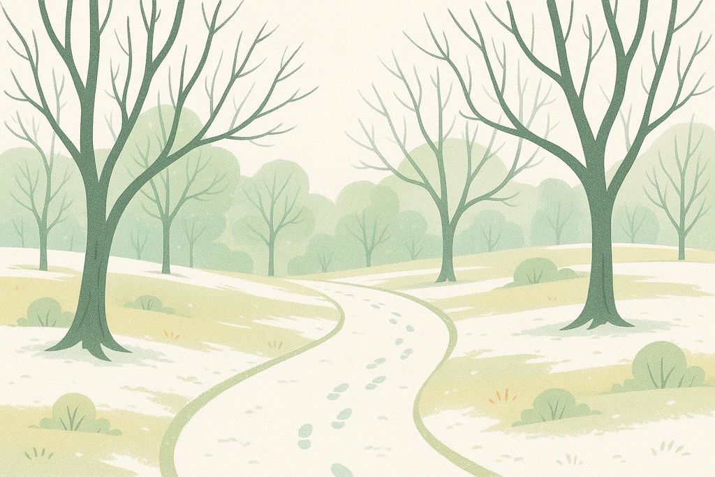 Illustration of a snowy park trail with footprints, representing Midwest winter activity.