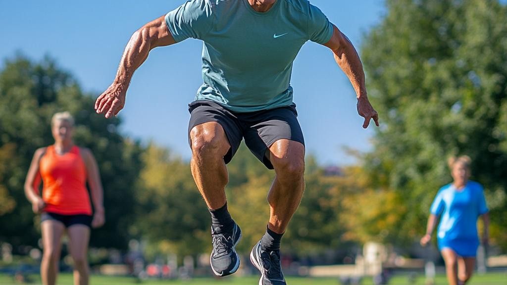 A man jumps in the air while exercising outdoors. He wears a teal shirt and black shorts. Two women are out of focus in the background.