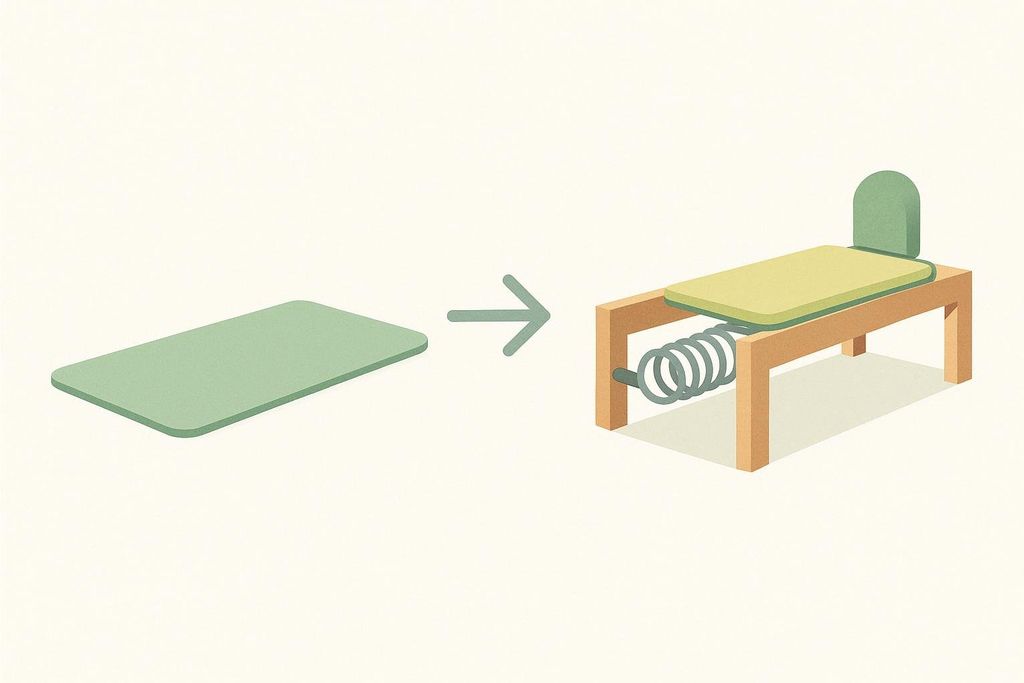 An illustration showing a green flat yoga mat on the left, next to an arrow pointing right. On the right, a Pilates reformer-like apparatus with a green and yellow mat, a green headrest, and a prominent spring mechanism at the front, all on a wooden frame.
