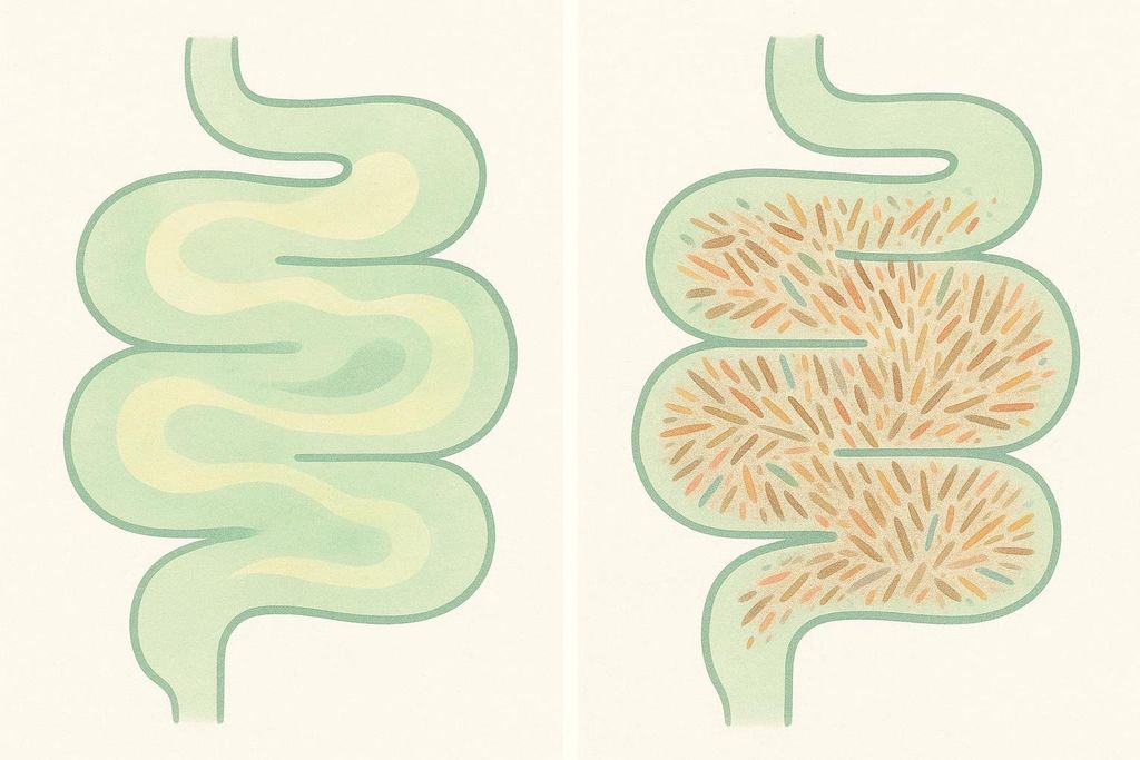 An abstract illustration depicting the difference between soluble fiber and insoluble fiber within an intestine. The left side shows soluble fiber as a smooth, gel-like substance, while the right side shows insoluble fiber as rough, fibrous particles inside the intestine.