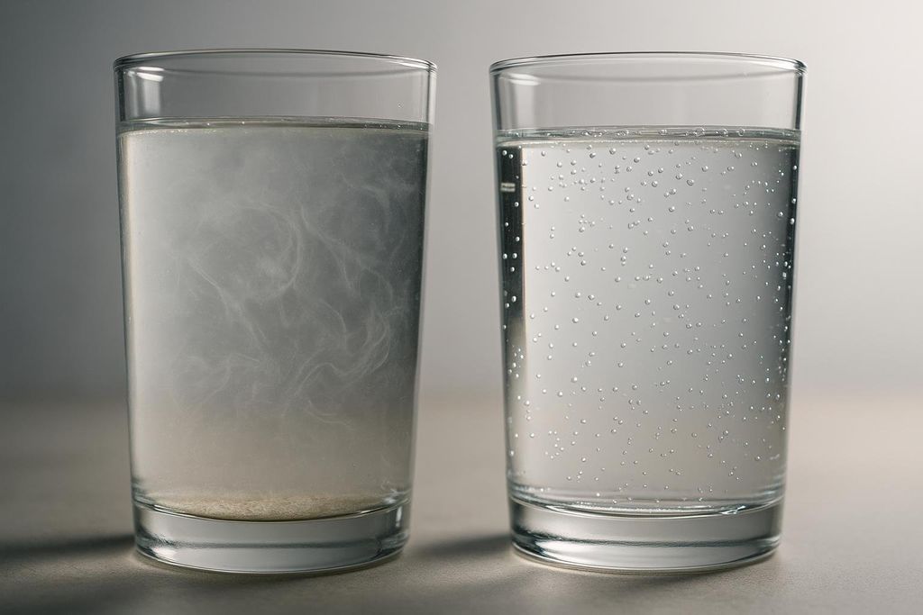 Two glasses of water sit side-by-side. The glass on the left contains cloudy water with visible particulate matter settled at the bottom and swirling throughout. The glass on the right contains clear, sparkling water with many small bubbles clinging to the sides.