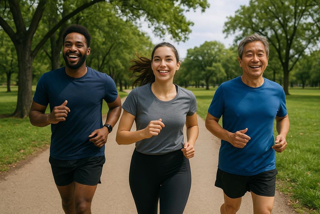 Three happy people of different ages and ethnicities running together on a paved path in a park with green trees and grass.