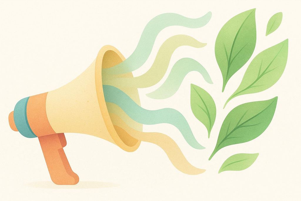 A stylized illustration of a megaphone broadcasting green, wavy lines and leaves, symbolizing communication leading to growth or positive engagement.