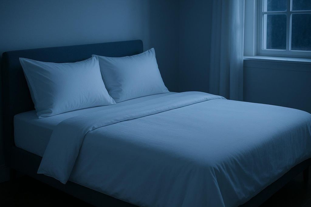 Serene bed with white linens bathed in gentle moonlight