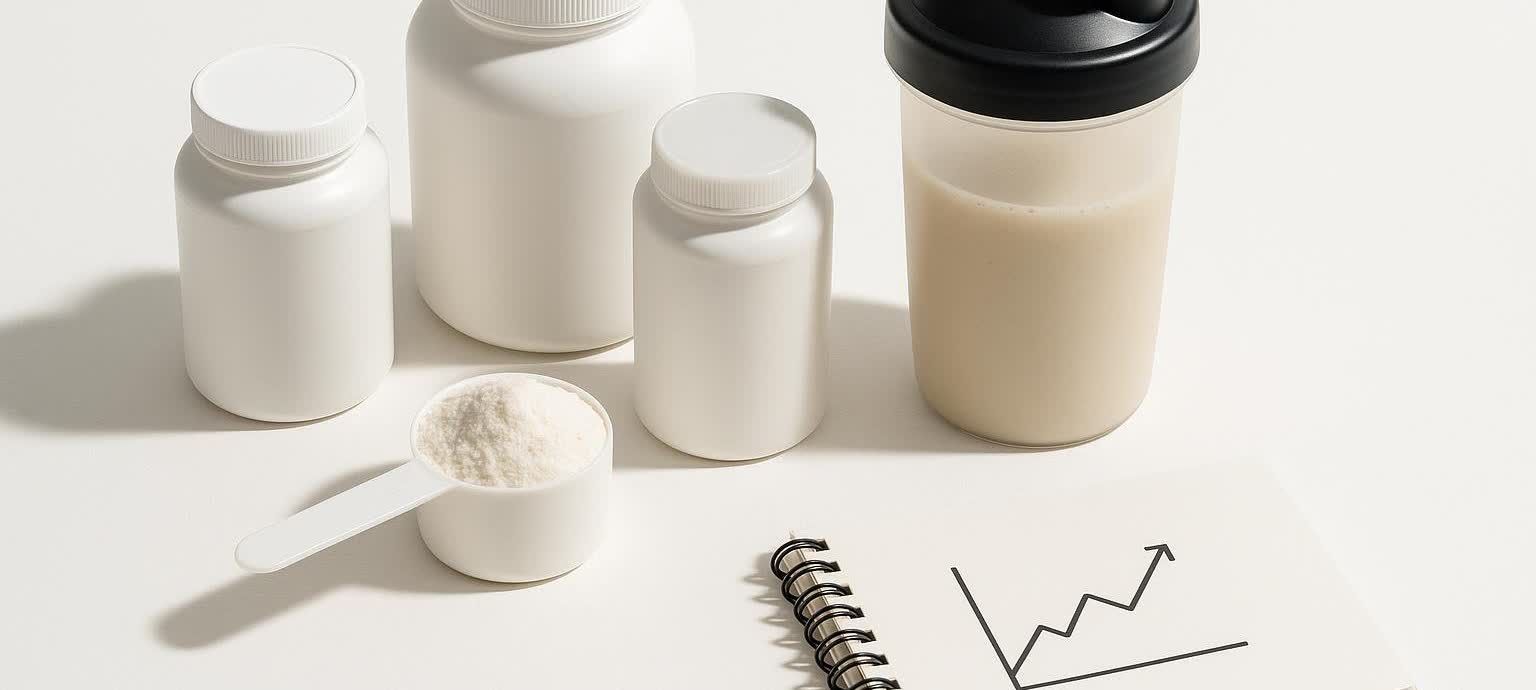 A flat lay of white containers of muscle growth supplements including protein powder, a scoop of white powder (likely creatine or more protein), and a shaker bottle with a light-colored liquid, next to a notebook with a hand-drawn upward-trending line graph.