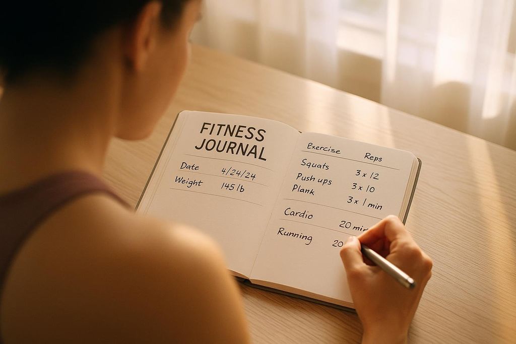 A person writing in a fitness journal, tracking their workout for April 24, 2024, including squats, push-ups, planks, and cardio. Their current weight is noted as 145 lbs.