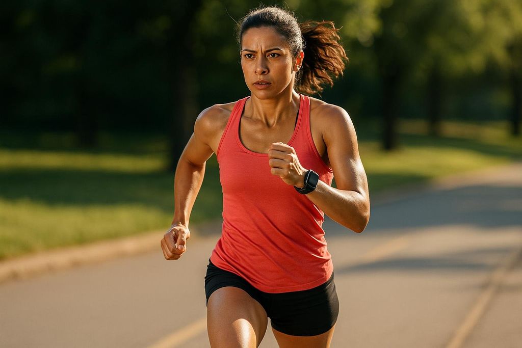 A focused female athlete is running outdoors, wearing a red tank top and black shorts. She has a serious expression and is wearing a fitness tracker on her wrist.
