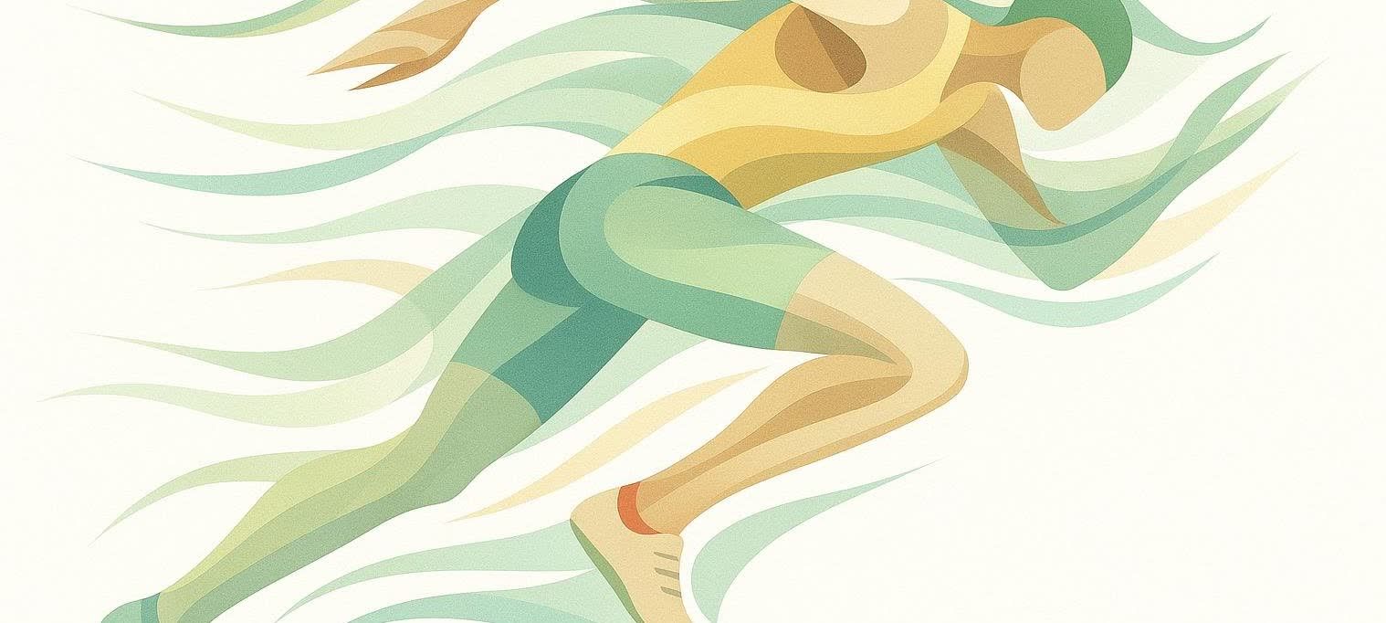 Abstract artwork depicting a sprinter in mid-stride. The athlete's body, primarily visible from the waist down, is composed of overlapping shapes in shades of yellow and green, suggesting movement. Curved, wavy lines in similar colors radiate from behind and around the figure, emphasizing speed against a light background.