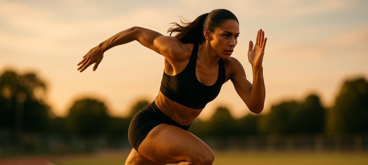 A fit woman sprints on a running track with a determined expression, wearing a black sports bra and shorts, against a blurred, warm-toned sky.
