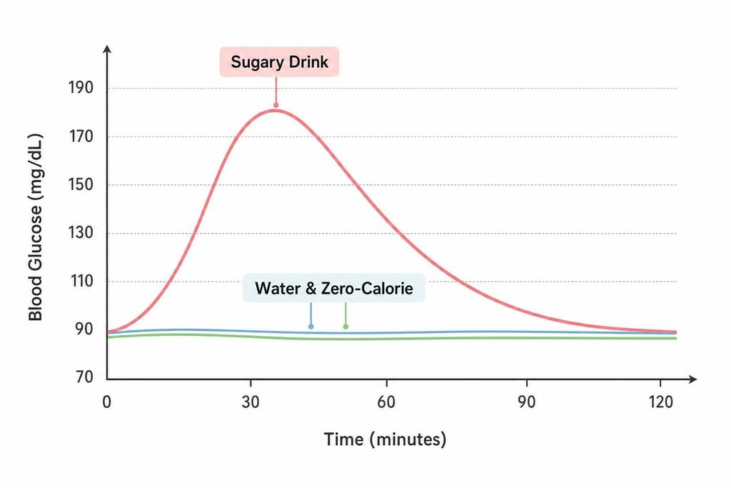 A line graph titled 'Blood Glucose (mg/dL)' over 'Time (minutes)' shows a sharp spike in blood glucose for a 'Sugary Drink', peaking around 180 mg/dL at 40 minutes, then gradually returning to baseline. In contrast, 'Water & Zero-Calorie' drinks maintain a flat baseline blood glucose level of approximately 90 mg/dL throughout the 120-minute period.