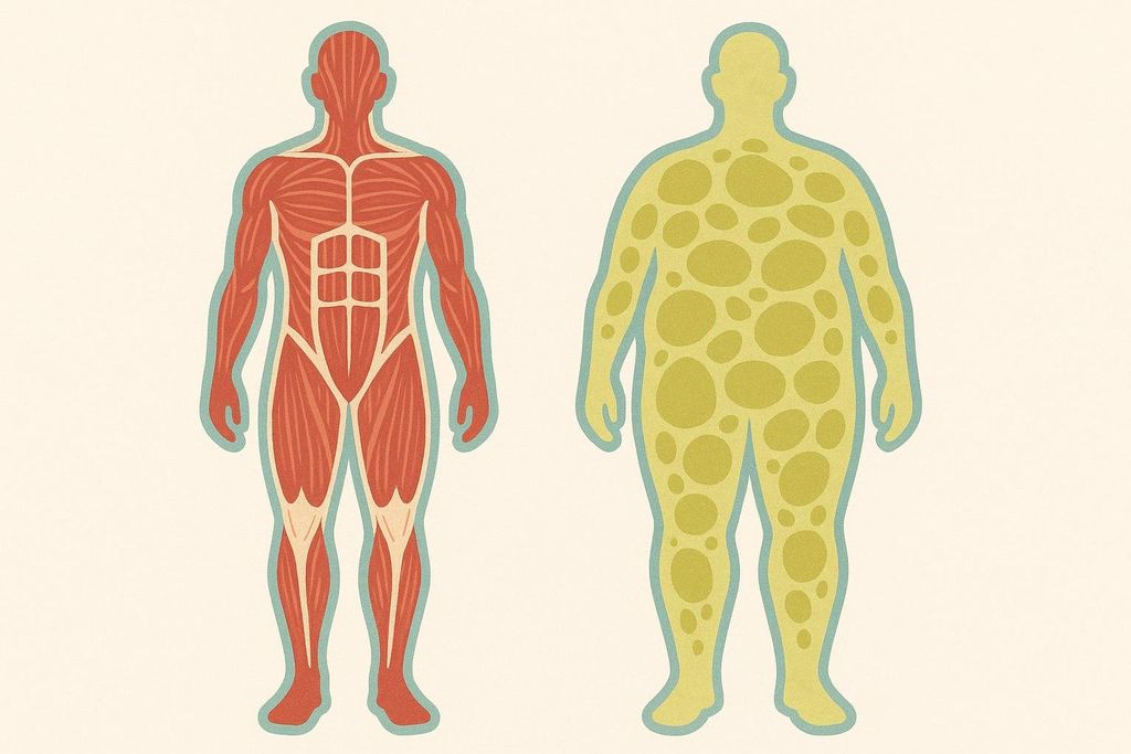 An illustration showing two body shapes of similar size: one filled with red muscles and defined abs, and the other filled with yellow fat cells, demonstrating the difference in body composition between muscle and fat.