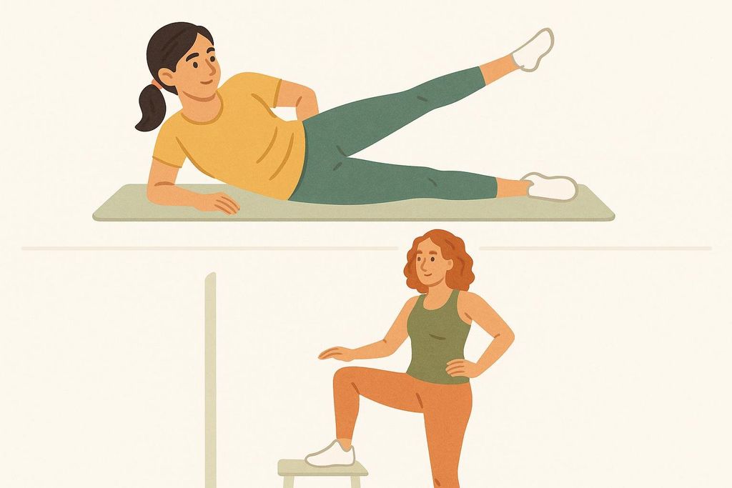 A montage of illustrations showing two hip strengthening exercises. The top illustration depicts a woman performing a side-lying leg lift. The bottom illustration shows a woman performing a supported single-leg balance using a stool.