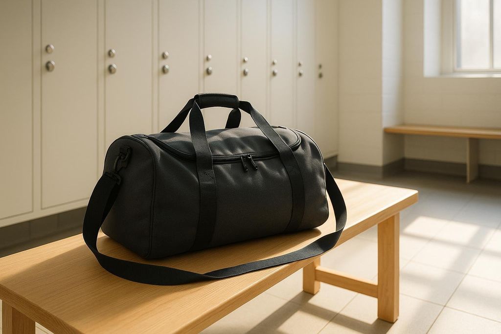 A black duffel bag with a shoulder strap rests on a light wooden bench in a modern locker room. White lockers line the wall behind it, and a window with natural light is visible in the background.