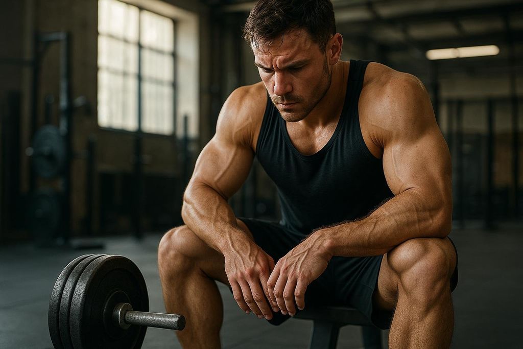 A muscular man in a black tank top and shorts sits on a bench in a gym, looking down with a focused expression. His arms are resting on his knees, and a barbell is visible on the floor to his left. The background is blurred, showing a window and other gym equipment.