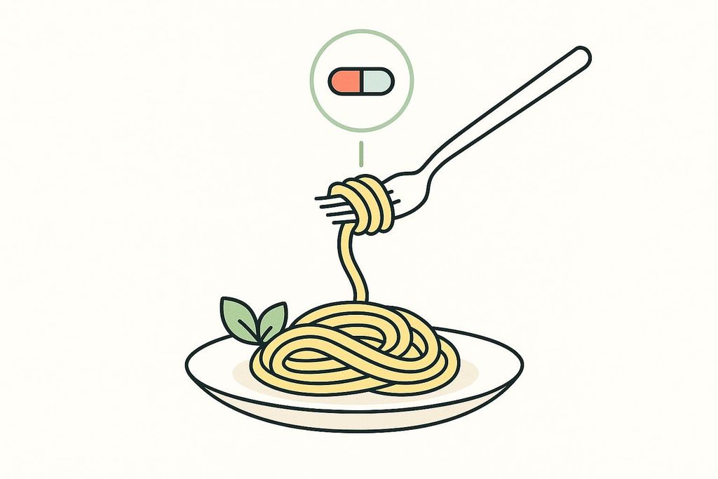 An icon showing a capsule being taken with the first bite of food from a fork. A fork twists spaghetti from a plate, and above the fork is a capsule inside a circle with a dashed line connecting it to the spaghetti.
