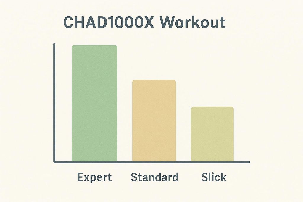 A bar chart titled 'CHAD1000X Workout' shows the relative difficulty levels of Expert, Standard, and Slick divisions. 'Expert' has the highest bar, 'Standard' is in the middle, and 'Slick' is the lowest.