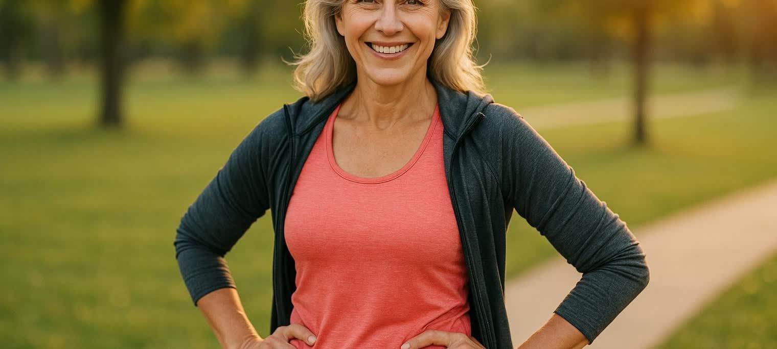 A smiling, confident woman in her 50s wearing athletic clothes, representing vitality during menopause.