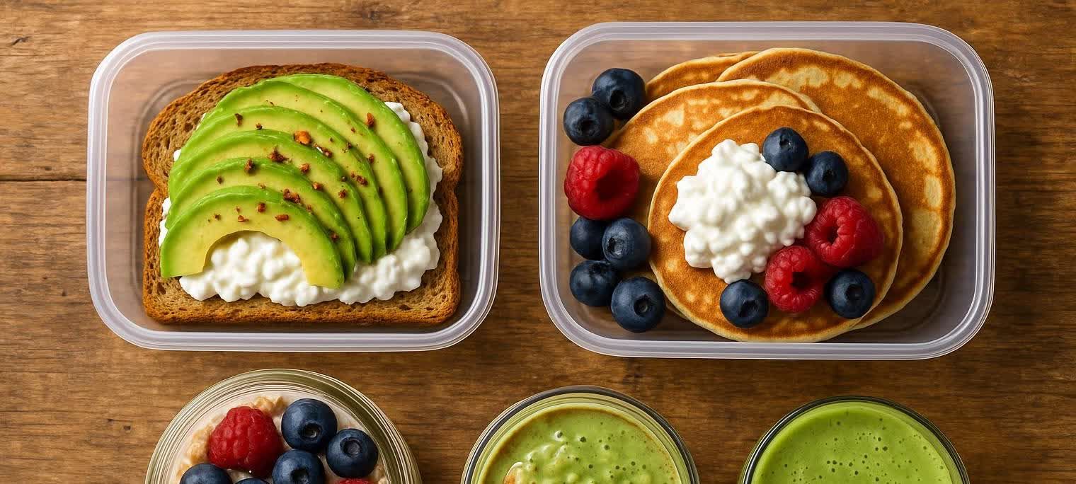 Overhead view of four meal prep containers on a wooden table. Two rectangular containers contain avocado toast with cottage cheese and pancakes with berries and cottage cheese. Two round containers at the bottom show a mix of oats, berries, and green smoothies.