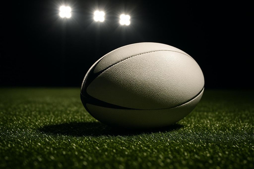 A white rugby ball resting on a lush green artificial turf field at night, illuminated by bright stadium lights in the background.