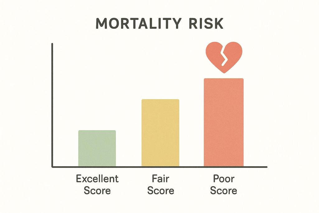 A bar chart titled 'Mortality Risk' showing three bars representing different physical scores. The 'Excellent Score' bar (green, left) is the shortest, indicating low mortality risk. The 'Fair Score' bar (yellow, middle) is taller, showing increased risk. The 'Poor Score' bar (orange, right) is the tallest, indicating the highest mortality risk, topped with a broken heart icon.