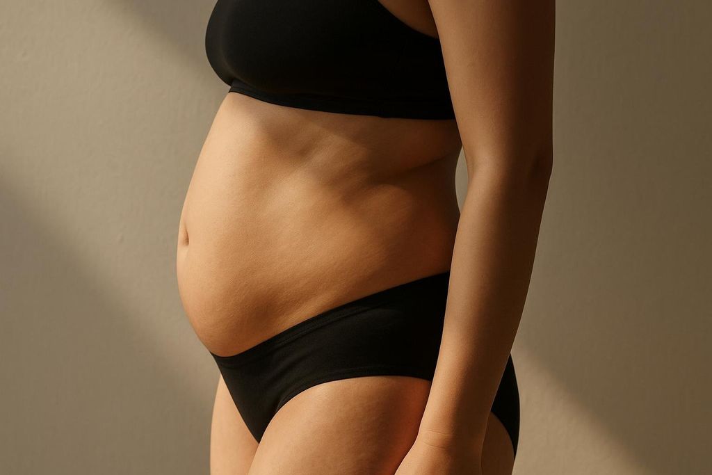 Side view of a woman's mid-section revealing excess fat around her stomach and lower back.