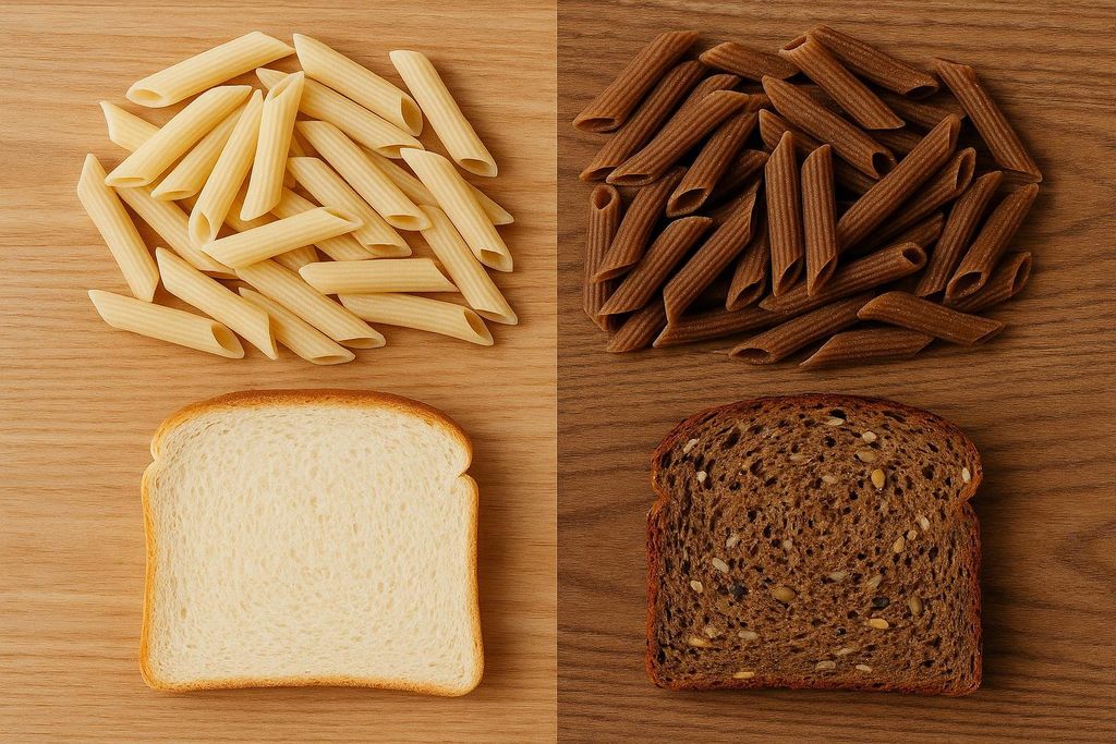 A divided image comparing refined carbohydrates on the left with whole-grain alternatives on the right. The left shows white pasta and white bread, while the right displays whole wheat pasta and multi-grain bread.