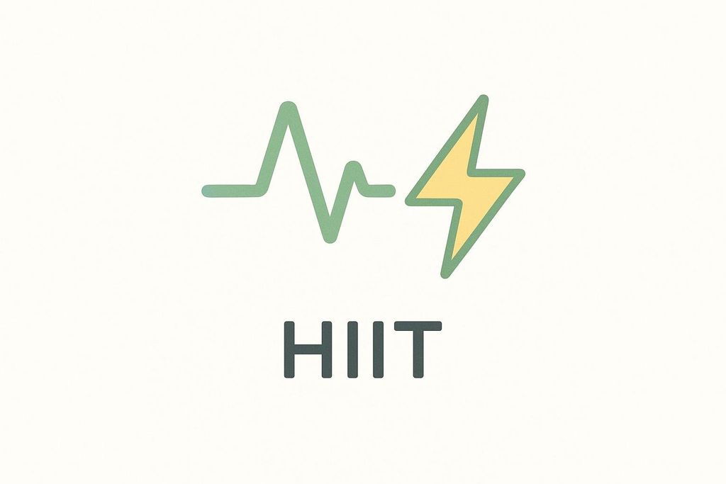 An illustration with a green heartbeat line graphic next to a yellow lightning bolt, and the acronym 'HIIT' written below in dark gray text.