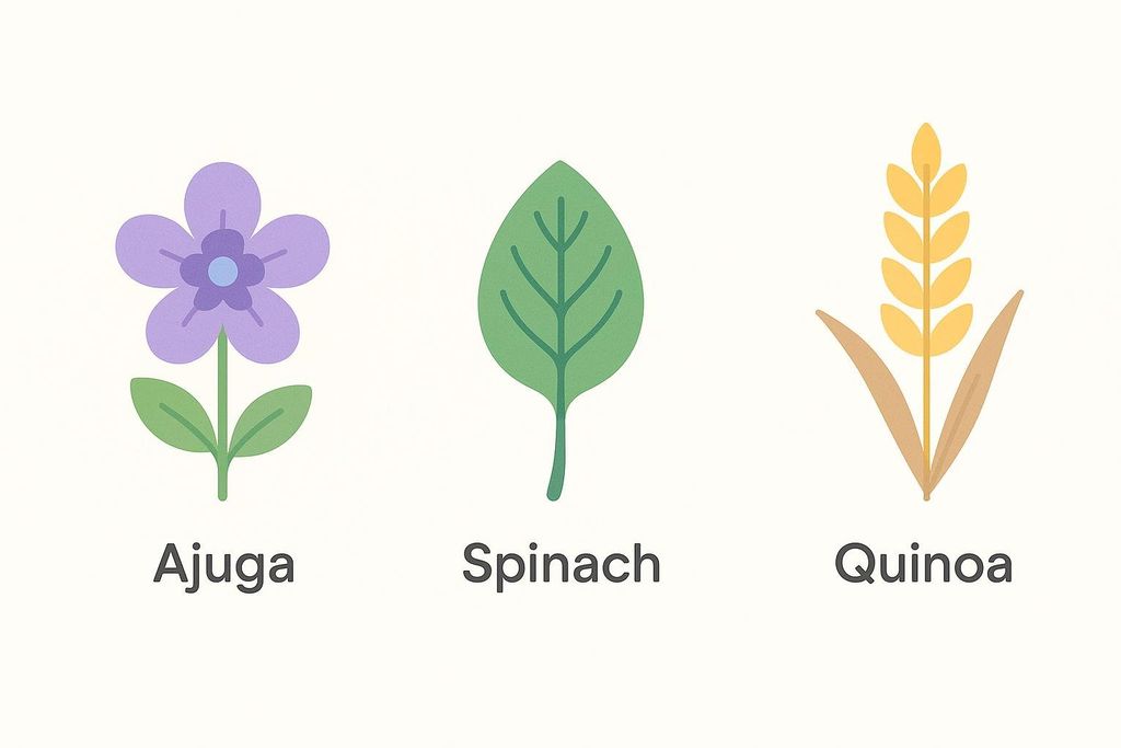 Three plant icons side-by-side: a purple Ajuga flower, a green Spinach leaf, and a golden Quinoa stalk with grain.