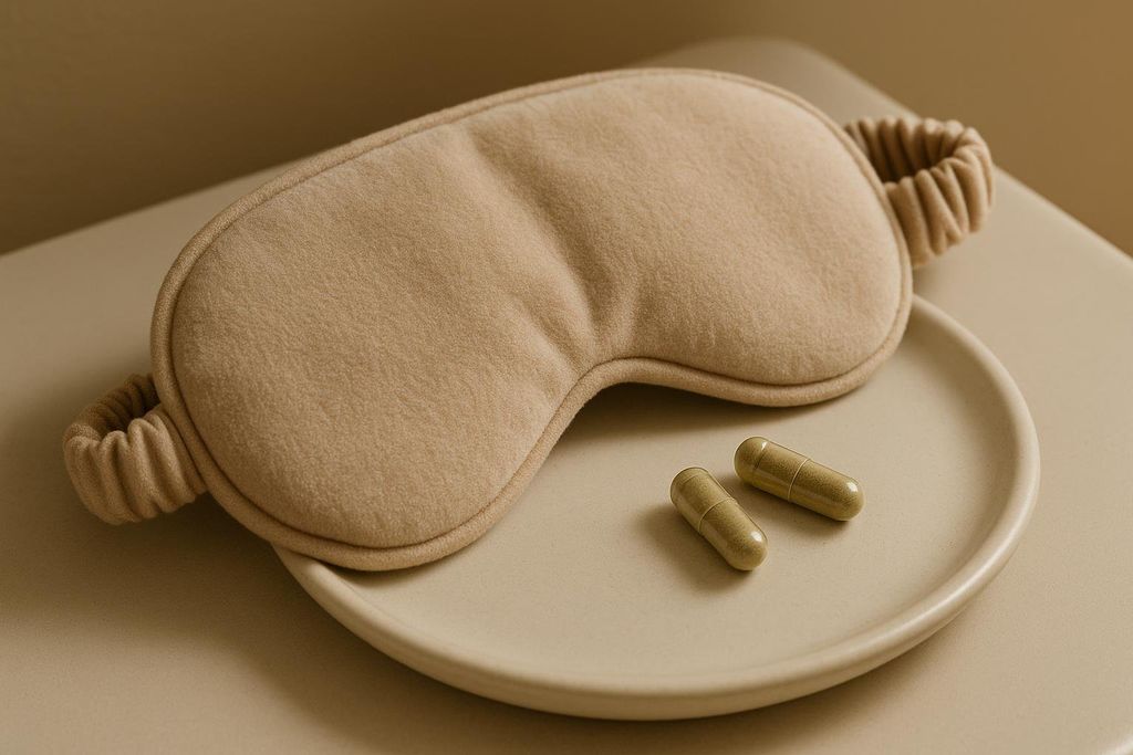 A beige sleep mask and two green supplement capsules are placed on a round, light beige dish. The items are neatly arranged on the neutral-toned surface.