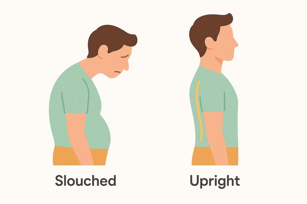 An illustration comparing a slouched posture to an upright posture. The 'slouched' figure has a curved back and neck, with the head tilted forward. The 'upright' figure has a straight back, indicated by a yellow line, and an erect head position.