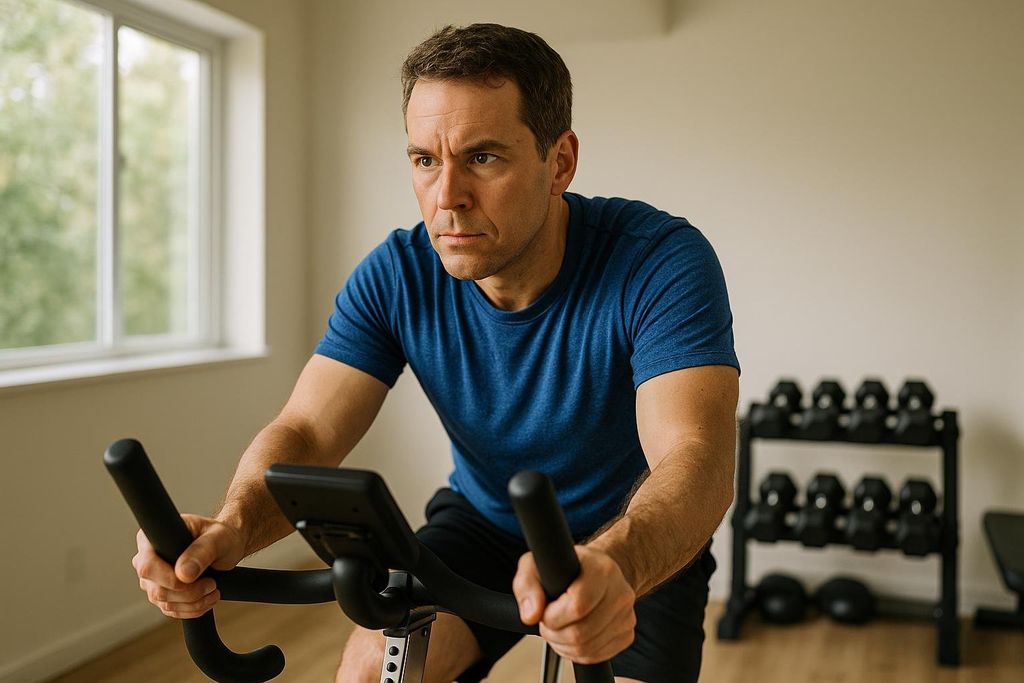 A focused man in a blue t-shirt and black shorts actively rides a stationary bike indoors. In the background, a window looks out to green trees and a weight rack with dumbbells is visible.