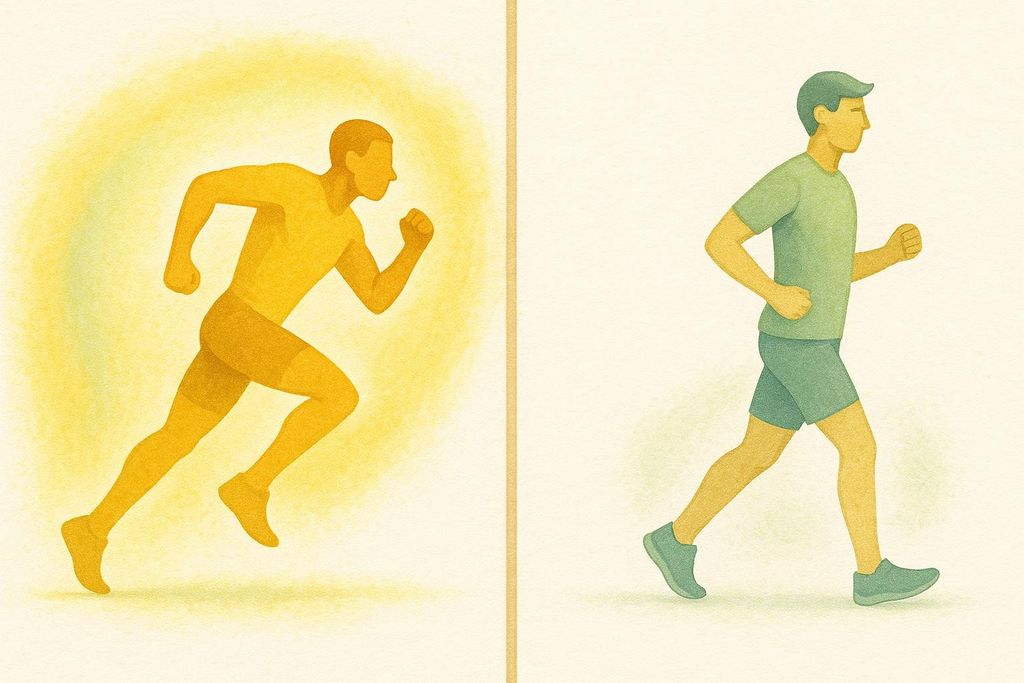 Illustration comparing the high afterburn effect of a sprinting figure, glowing yellow, to the lower afterburn of a steady-state jogging figure, in green and blue toned down colors.