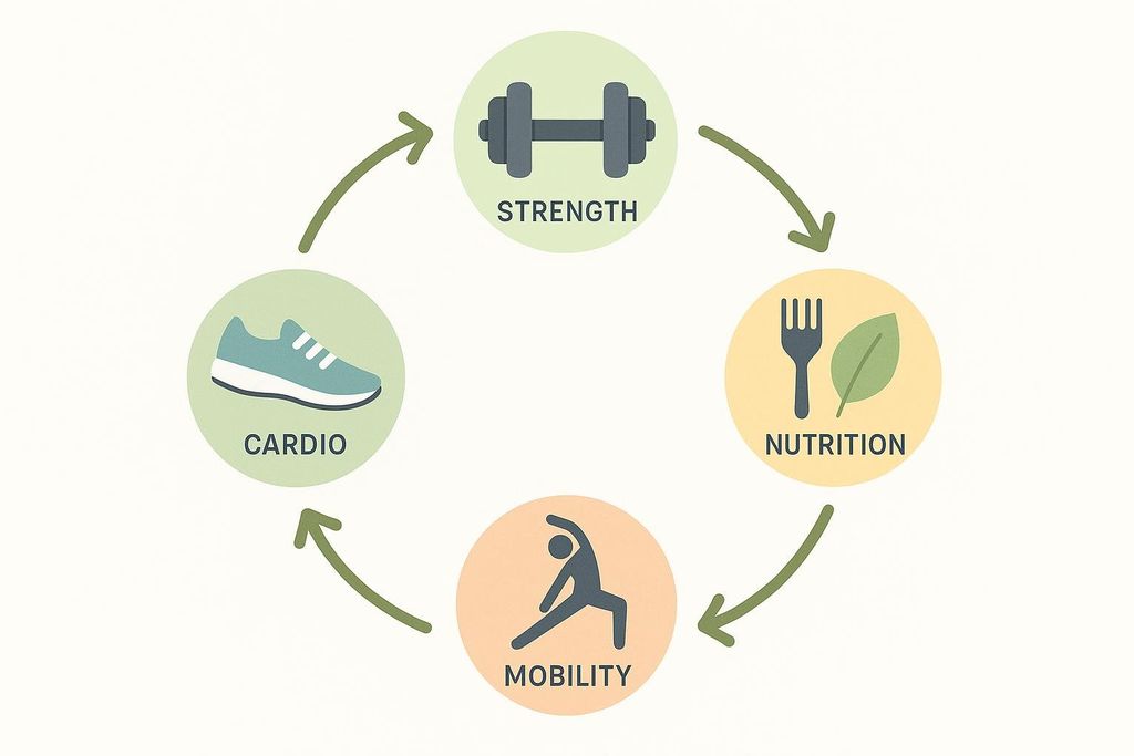 Circular flow diagram showing a weekly cycle of Strength, Nutrition, Mobility, and Cardio