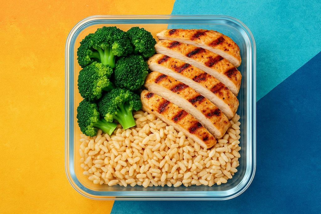 A clear glass meal prep container filled with grilled chicken breast slices, broccoli florets, and brown rice, indicating a healthy, balanced meal.