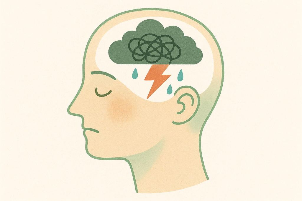 An illustration of a person's head in profile, eyes closed. Inside their head, a dark storm cloud with tangled lines, a lightning bolt, and raindrops symbolizes psychological strain, stress, or mental health issues.