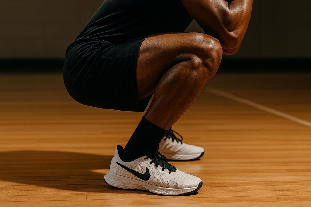 A close-up of an athlete performing a deep squat on a wooden floor, wearing black shorts, black socks, and white Nike running shoes with black laces and a black swoosh. The focus is on the athlete's strong leg muscles and the proper squat form with heels flat on the ground.