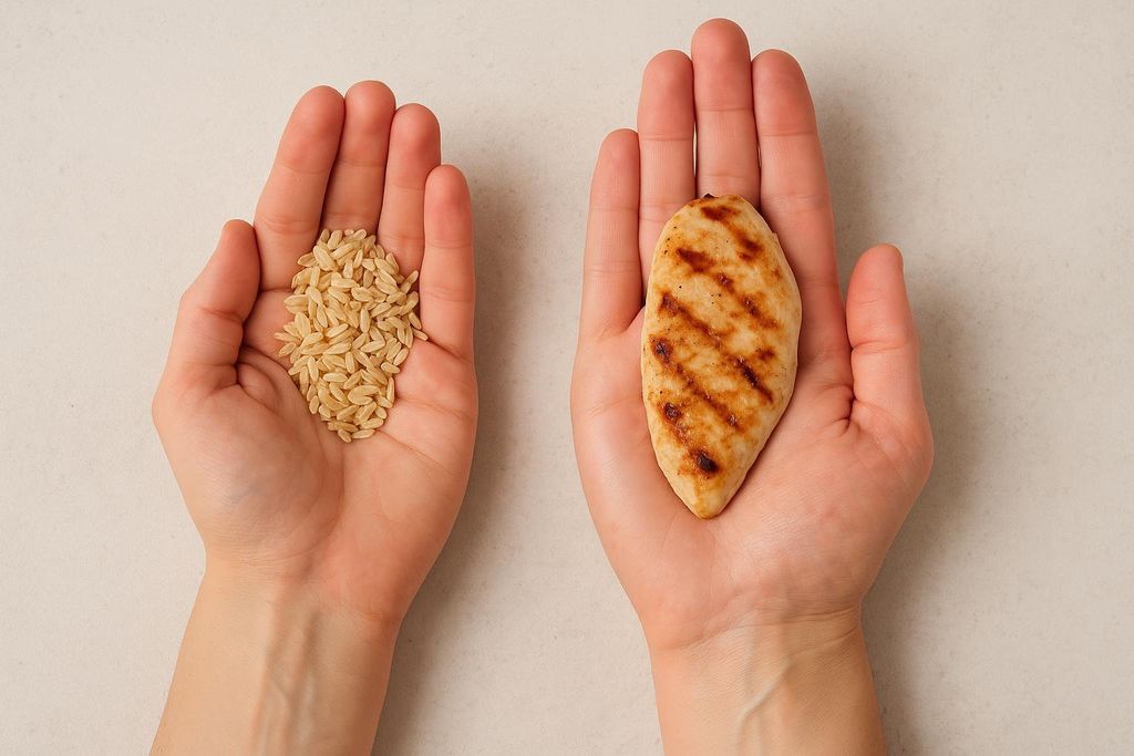 Two hands hold food items for portion size comparison: one hand cups a portion of uncooked brown rice (carbs), and the other hand holds a grilled chicken breast (protein) showing the palm-sized serving. This demonstrates how to measure lean bulk portions using hands.