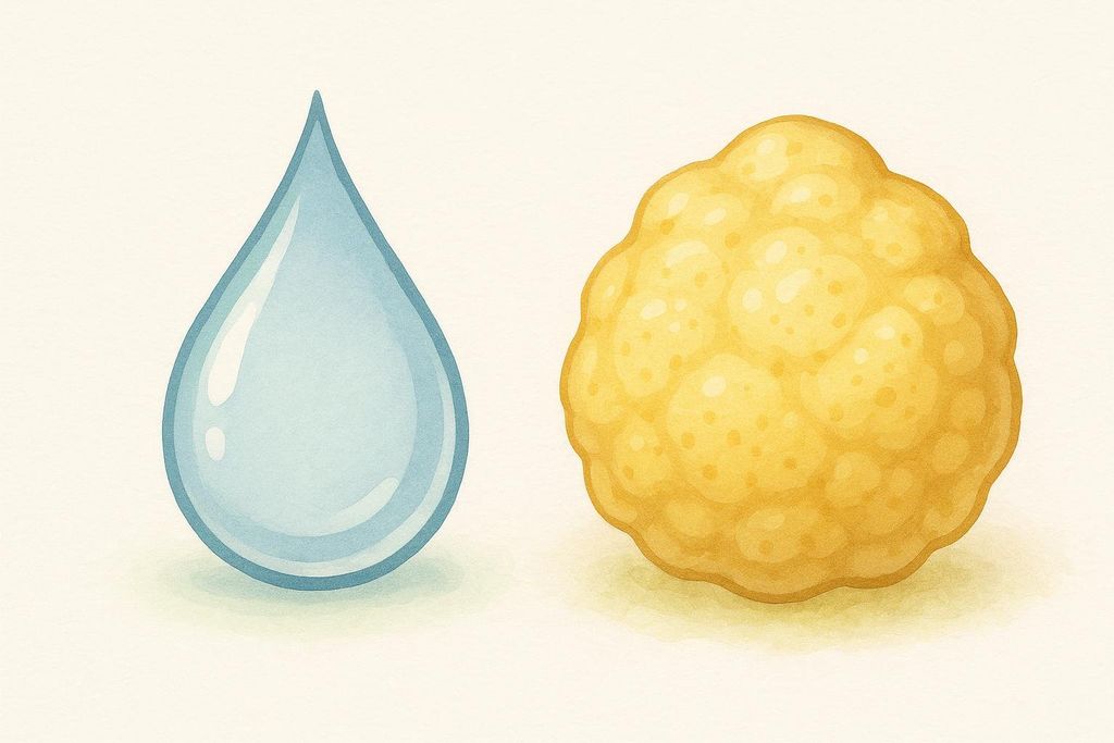 A stylized illustration showing a clear, blue water droplet on the left, next to an opaque, lumpy, yellow fat globule on the right, against a neutral background. This represents the difference between water weight and body fat.