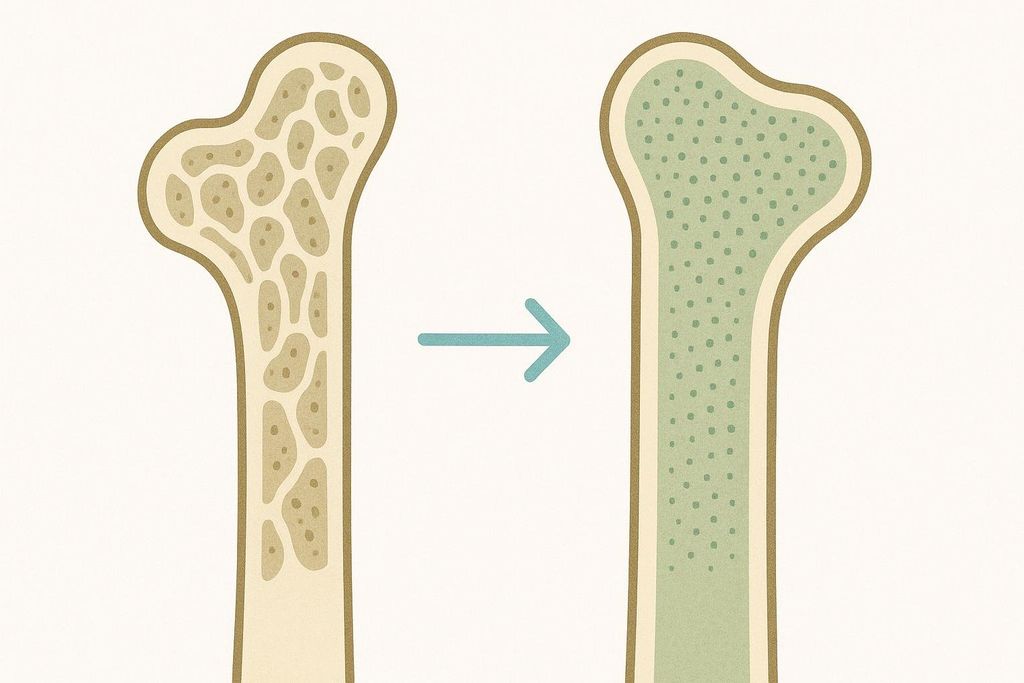 Abstract illustration of a bone cross-section becoming denser, representing improved bone strength.