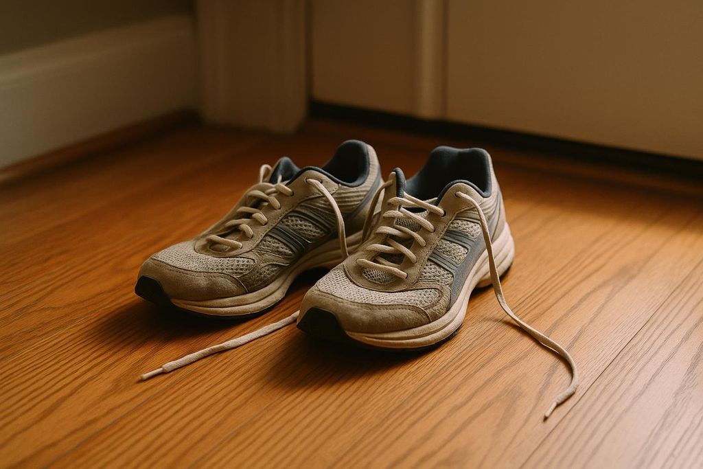 A pair of light brown and blue running shoes with untied laces resting on a warm-toned hardwood floor. The background is a slightly blurred white wall or door.