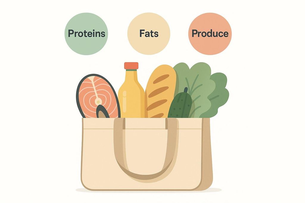 An illustration of a grocery bag filled with various foods, including salmon (proteins), olive oil and bread (fats), and leafy greens and a cucumber (produce). Above the bag are three circles labeled 'Proteins', 'Fats', and 'Produce'.