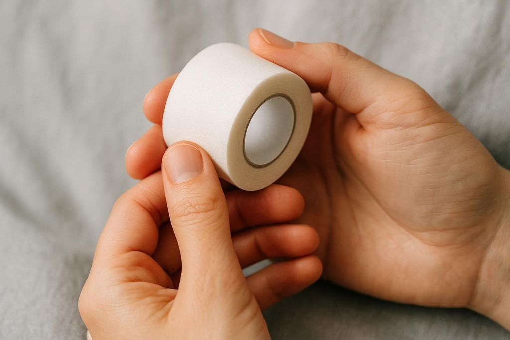 Hands holding a roll of hypoallergenic medical tape
