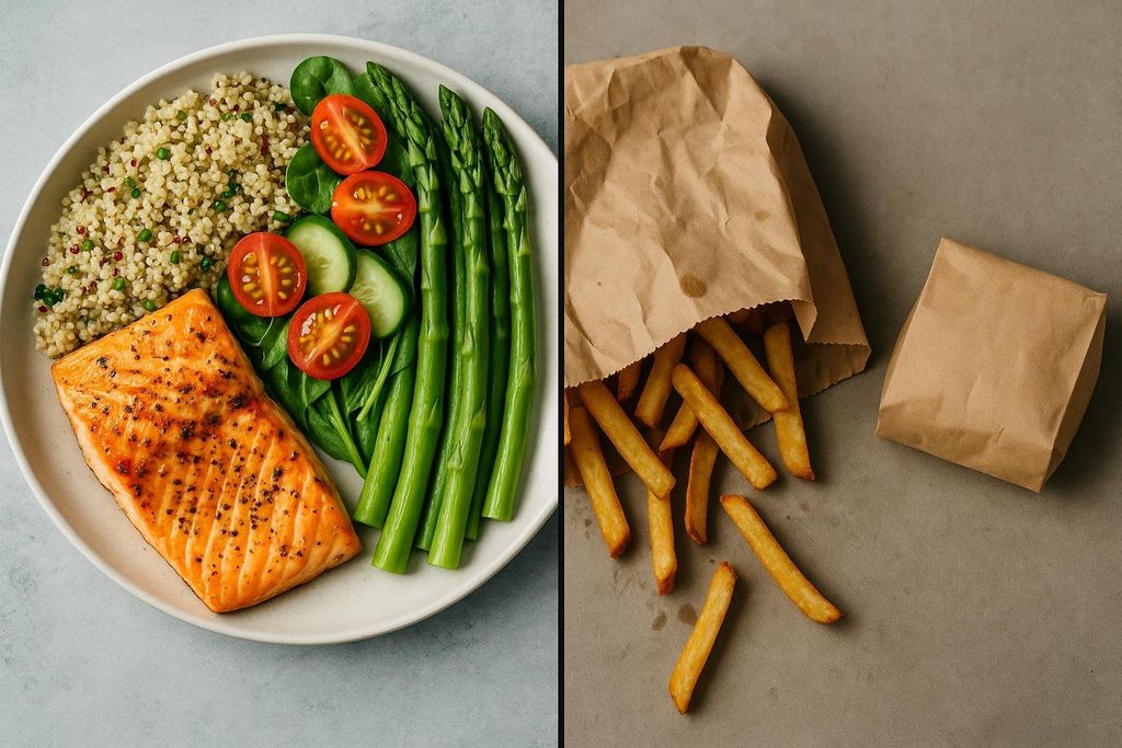 A side-by-side comparison. On the left is a plate of grilled salmon, quinoa, spinach, cherry tomatoes, and asparagus. On the right is a brown paper bag overflowing with french fries, with a smaller paper package next to it.