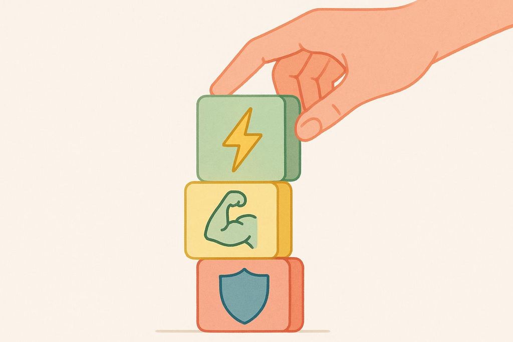 An illustration of building blocks with icons for energy (lightning bolt), growth (flexing bicep), and recovery (shield), symbolizing the creation of a supplement stack. A hand is placing the top block.