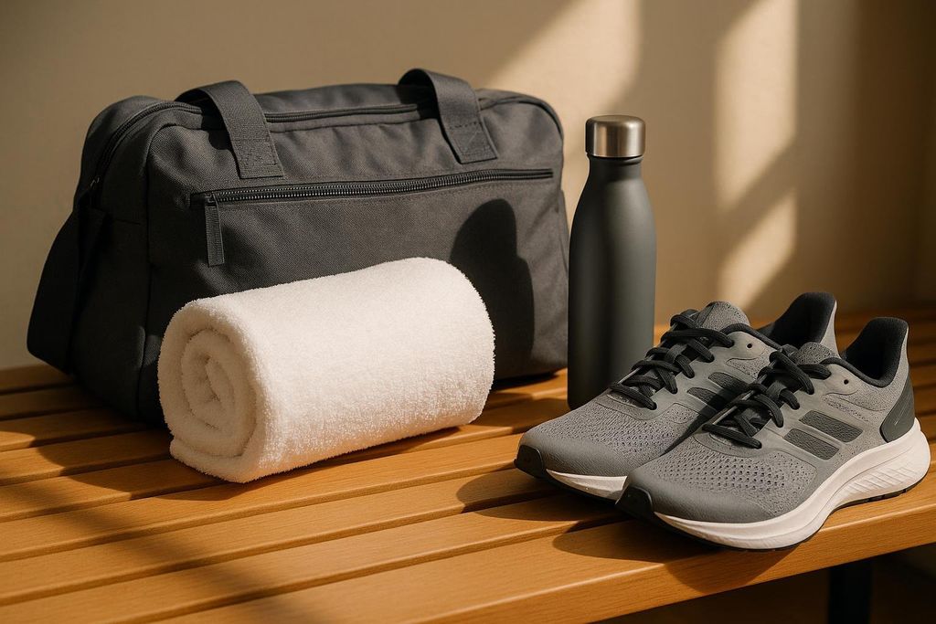 A gym bag and workout gear neatly prepared on a bench.