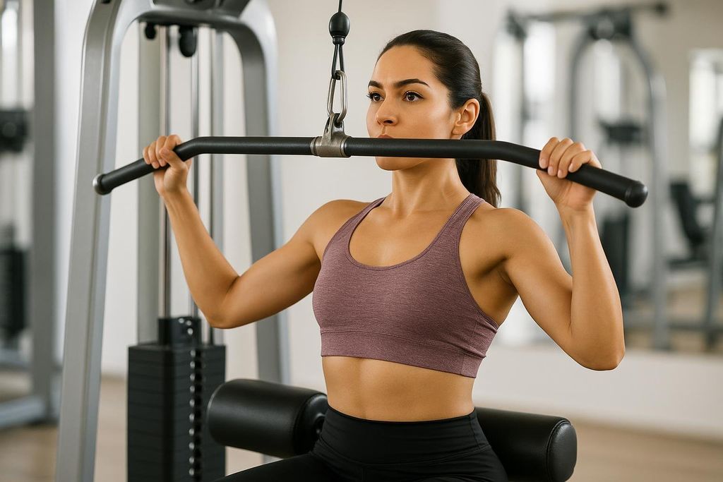 A woman with her hair tied back in a ponytail, wearing a purple sports bra and black leggings, demonstrates proper form for a lat pull-down exercise in a gym. She is actively pulling the bar down towards her chest with focused expression.