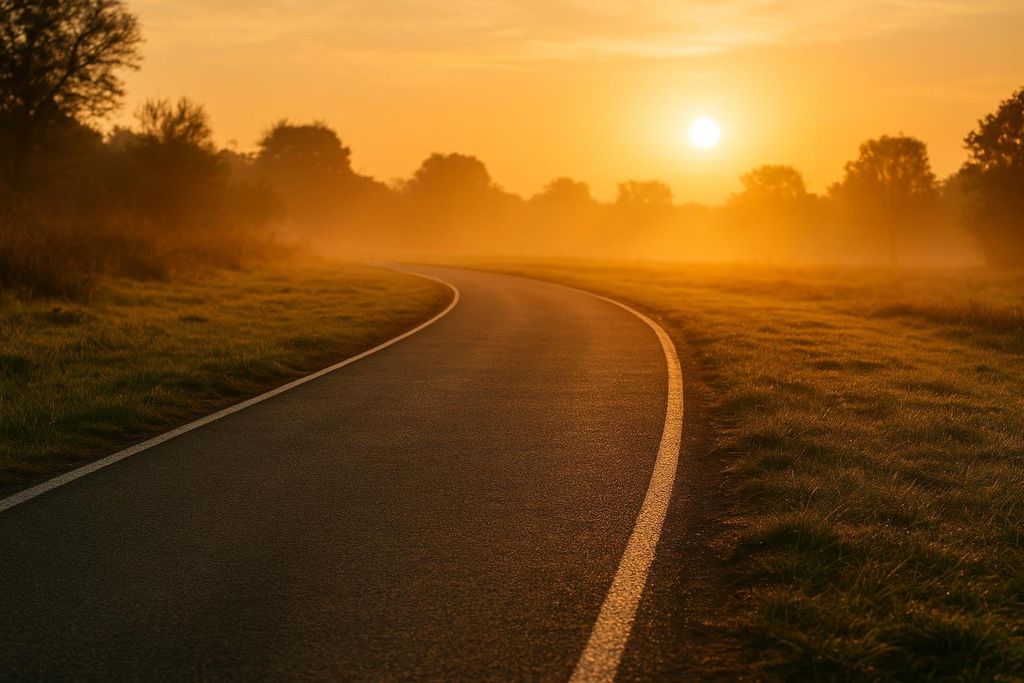 An empty, curving asphalt path with white lines on either side, bathed in the golden light of a misty sunrise. The path is surrounded by grassy fields and silhouetted trees in the distance, all softened by the warm, atmospheric fog.