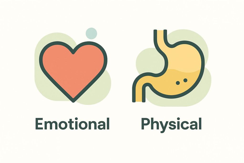 A stylized diagram showing a red heart icon labeled "Emotional" and a yellow stomach icon labeled "Physical", representing the distinction between emotional and physical states.