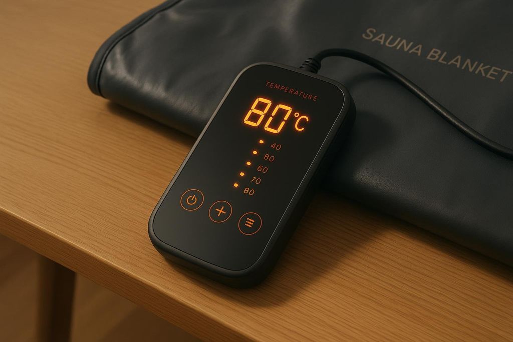 A close-up of a black digital control pad for a sauna blanket, displaying '80°C' in orange LED numbers and showing temperature options from 40 to 80 degrees Celsius.