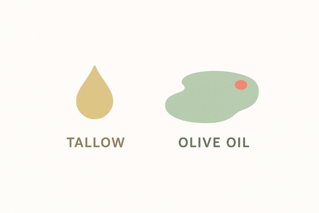 An illustration showing a small, golden drop representing tallow, next to a larger, light green splat with a red dot, representing olive oil, with 'TALLOW' and 'OLIVE OIL' written below each respectively. The image implies a comparison of usage or quantity, with less tallow and more olive oil.